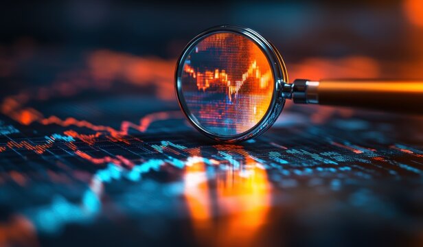 Magnifying glass closely examines glowing orange and blue digital financial stock market charts displaying volatile trading data analysis for investment opportunity detection.