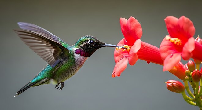 Iridescent hummingbird flying over lotus