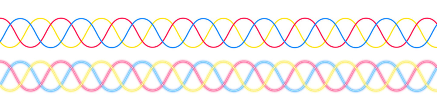 Neon glowing three phase electric power sine wave light lines with red blue yellow energy waveform motion dynamic electricity signal overlay isolated on transparent background