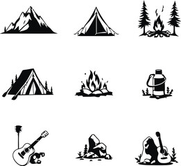 Group of nine outdoor camping and adventure icons, featuring tents, campfires, and gear for travel and recreational themes. © Selim
