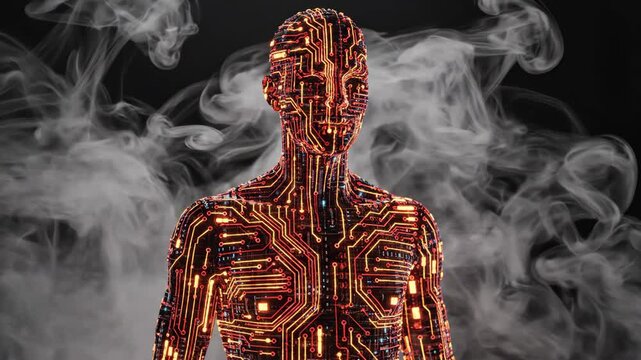 Digital human silhouette formed from glowing circuits emerges from swirling smoke. Futuristic cyber entity visualization showing technological evolution and ai integration in abstract sequence.
