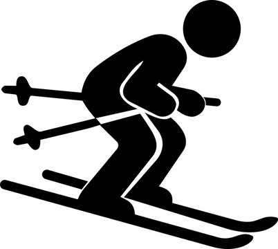Ski pictogram showing person descending snowy slope with parallel skis