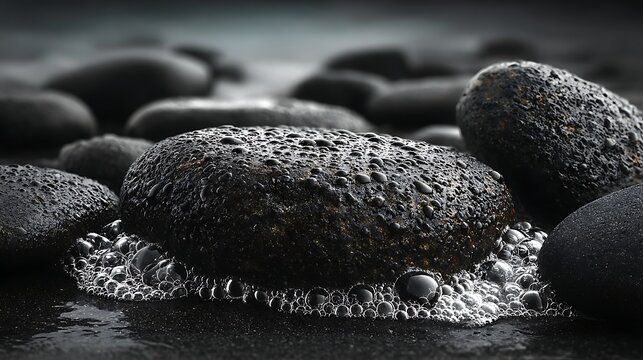 Ocean wave foam washing over smooth black pebble beach images