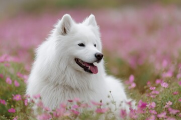 Fototapeta premium Relaxed white samoyed dog lying in a carpet of pink wildflowers peaceful fluffy pet in spring meadow closeup
