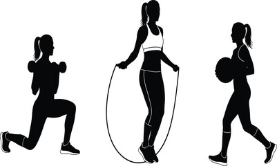 Fitness silhouettes, dumbbell lunge, jump rope exercise, medicine ball training, strength workout, cardio activity, functional fitness, healthy lifestyle illustration artwork © Its Saidul 