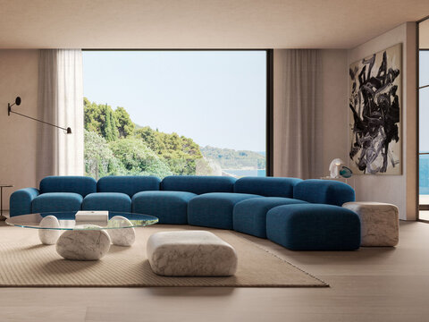 Modern luxury apartment interior in minimal scandinavian style, 3d rendering