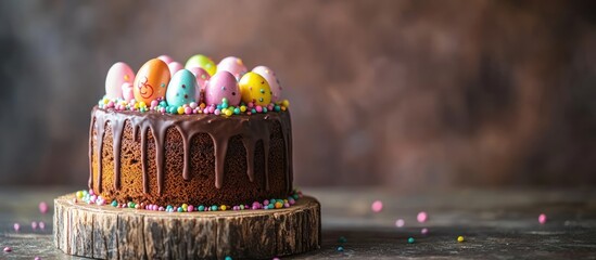 Easter chocolate cake with eggs, rustic background
