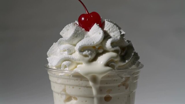 Indulgence and Sweet Treat Concept Close Up of Vanilla Milkshake with Whipped Cream and Cherry Topping on white.