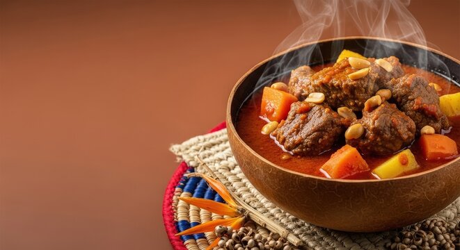 Gourmet West African Domoda: Peanut Beef Stew with Terracotta Negative Space and Heritage Botanical Accents