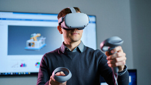 Engineer using VR headset and motion controllers for virtual reality simulation in tech lab, immersive 3D design.