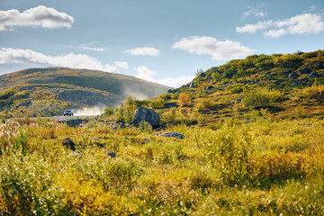 Naklejka premium a car on the road in the background, the coast of the Barents Sea, colourful arctic carpet of moss, yagel, moss, mountain, Murmansk region, Russia
