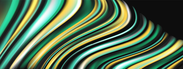 Fototapeta premium Abstract flowing lines, vibrant green, gold hues. Dynamic composition creates visual texture, modern aesthetic. Smooth gradients, elegant design.