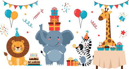 Cute safari animal birthday party vector set with lion elephant giraffe and zebra plus cake balloons gifts and bunting, © Vector Design Hub