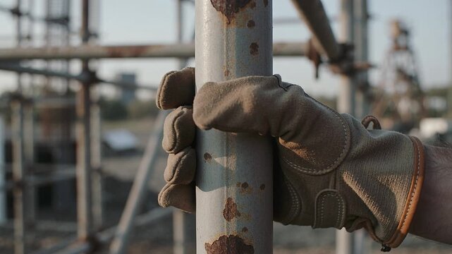 Close up of construction worker hand in protective glove gripping rusty metal scaffolding pipe. Image conveys industrial safety, hard labor and building maintenance concepts.