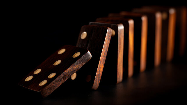 Wooden game pieces in a row about to fall, illustrating cause and effect, chain reaction, or a sequence of events on a dark background