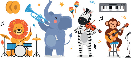 Cute safari animal music band vector set with lion elephant zebra and monkey playing drums trumpet violin and guitar, © Vector Design Hub