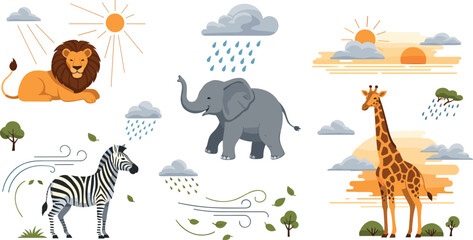 Cute safari animal vector collection featuring lion elephant giraffe and zebra with weather symbols sun rain wind and sunset, © Vector Design Hub