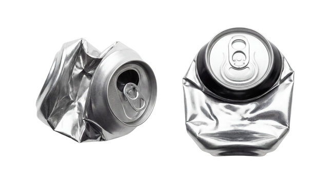 Crushed blank aluminum soda can isolated on white or transparent background for mockup and branding drink design.