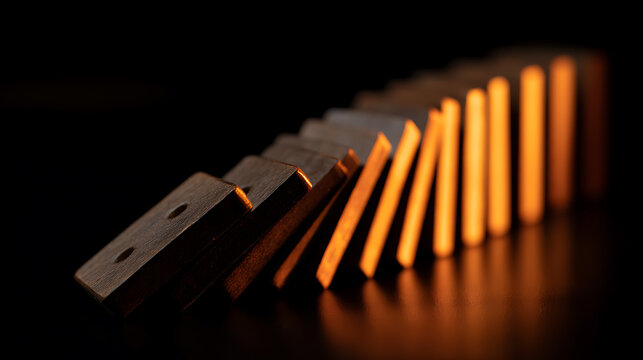 Wooden blocks in a falling sequence on a dark background, illustrating cause and effect, risk management, and impending change, with warm light