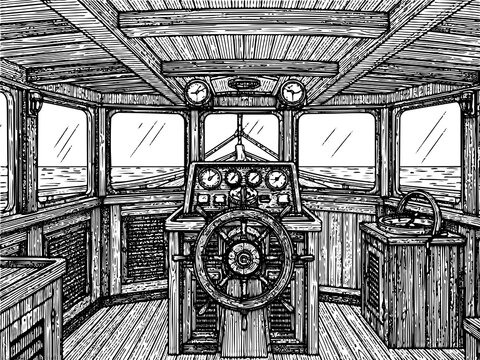 Sailing Ship Wheelhouse Engraving Illustration