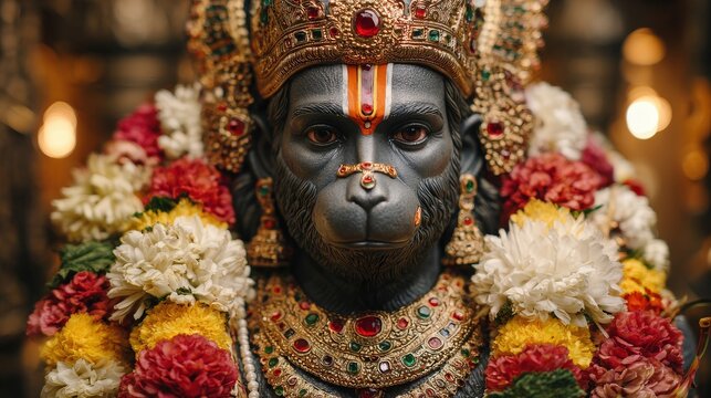Hanuman statue with flowers and jewelry monkey god