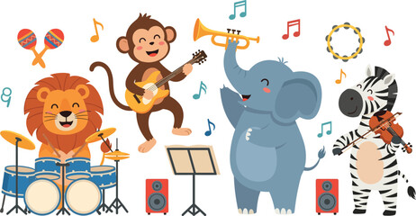 safari animal music band vector set featuring lion on drums monkey guitar elephant trumpet and zebra violin with speakers, © Vector Design Hub