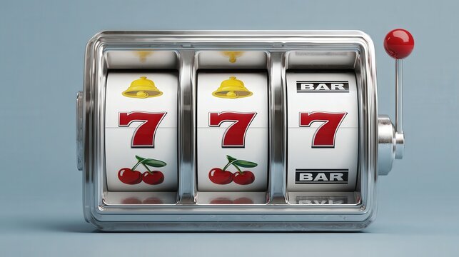 Slot machine with three reels showing 7s cherries and bar symbols