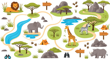 Safari map vector set with lion elephant giraffe zebra and rhino featuring winding path trees tents rocks river and binoculars © Vector Design Hub