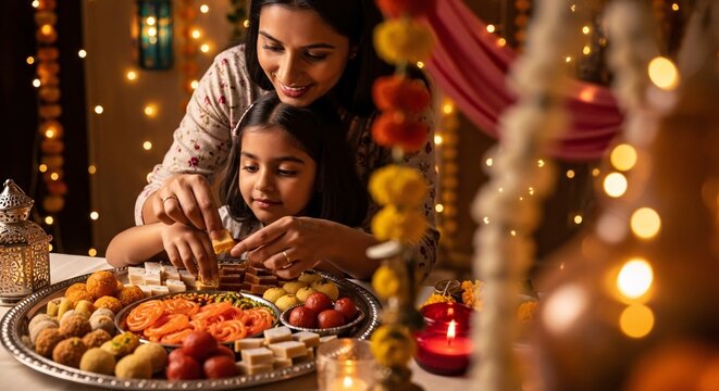 Mother and daughter arranging traditional indian sweets on a platter during diwali or Eid celebration with festive lights