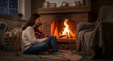 Obraz premium Woman and child sitting by warm cozy fireplace on winter night