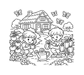 Vegetable garden by a quaint cottage with children examining tomatoes and peppers, butterflies fluttering above, and a watering