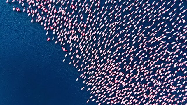 Abstract aerial shot of a large group of pink flamingos swimming in deep blue sea water creating a pattern.