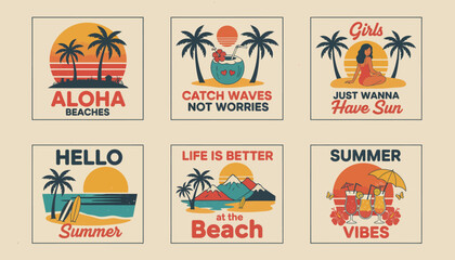 Vibrant summer beach scene with colorful signs and palm trees © dale