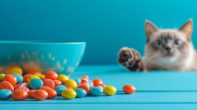 Curious blue-eyed cat's paw reaching mischievously for vibrant, colorful coated candies spilled from a turquoise bowl on a textured blue wooden table. Playful pet fun. Pet, Sweets