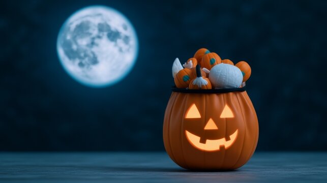 Eerie full moon illuminates a cheerful glowing Jack-o'-lantern pail brimming with autumn mini-pumpkins and treats. Halloween night magic, Spooky, Festive