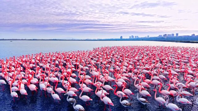 Dense group of flamingos in the foreground with a city skyline under a cloudy sunset sky in Burgas. Aerial view of pink flamingos in salt lake.