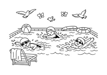 Swimming pool with kids practicing swimming strokes, small waves and splashes, pool toys and a nearby towel on a chair, birds and