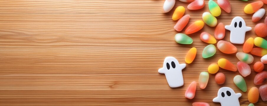 Flat lay Halloween Vibrant candy corn and white ghost candies form a festive right border on a warm wooden background. Ideal for spooky treat concepts and text. Halloween, Candy