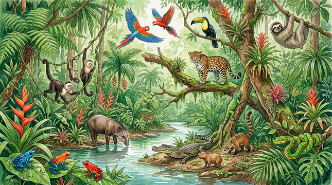Rainforest ecosystem showing diverse amazon jungle wildlife