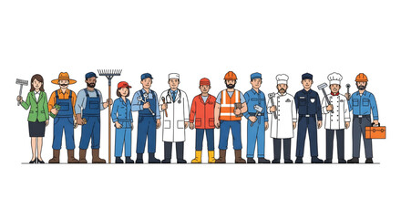 Fototapeta premium Diverse Group Of Professionals Standing Together With Various Work Tools For Occupation Concepts on transparent background