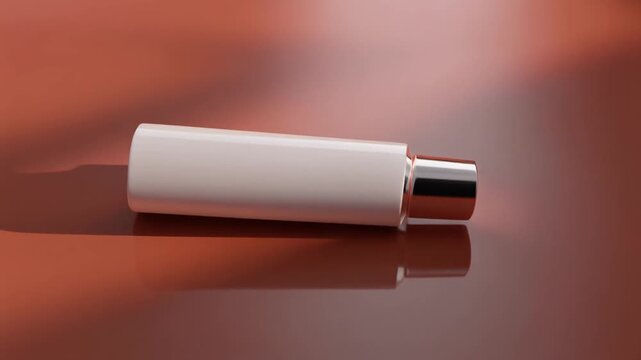 Elegant White Cosmetic Product with Pink Button Rotating on Orange Background