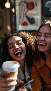 Authentischer UGC-Moment: Zwei lachende Gen Z Freundinnen im Caf&eacute; beim Selfie-Machen, Smartphone-Fotografie-Stil