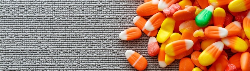 Overhead shot of vibrant candy corn and assorted Halloween sweets on textured grey carpet, celebrating autumn treats. Sweets, Festive