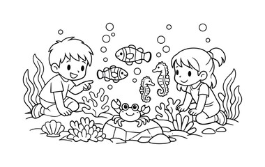 Coral reef scene with kids observing clownfish and seahorses, waving seaweed and bubbles around, a curious crab on a rock, black