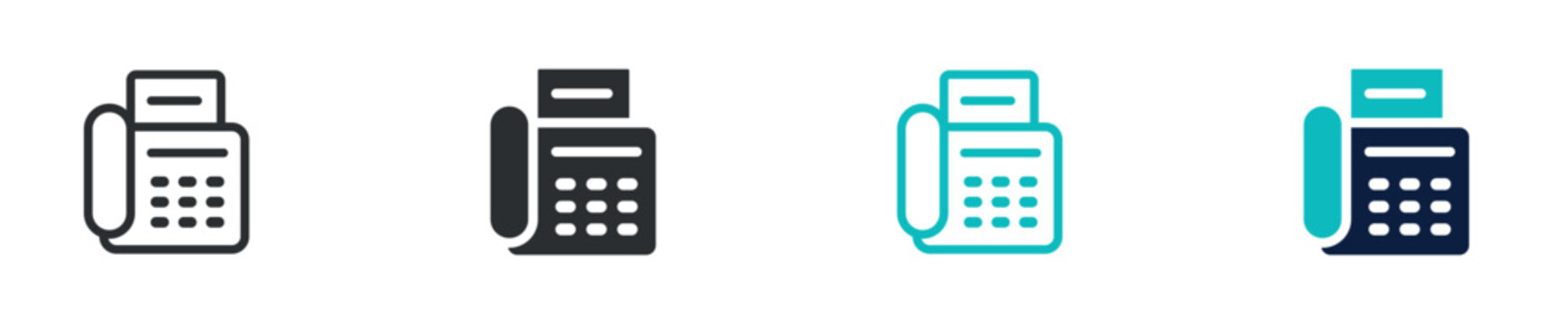 Fax machine icon set, office fax telephone printer communication device symbol, outline and solid and color style. Vector illustration.
