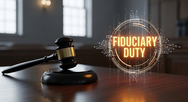 A gavel sits on a wooden desk with ?Fiduciary Duty? overlaid. A courtroom is the backdrop