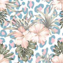 Hibiscus flower, palm leaves seamless pattern. Summer tropical exotic print. © good_mood