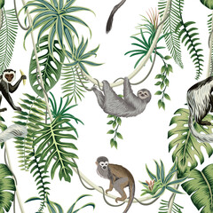 Obraz premium Monkey, sloth animal, tropical palm leaves, liana, fern, plants botanical seamless pattern. Exotic jungle print.