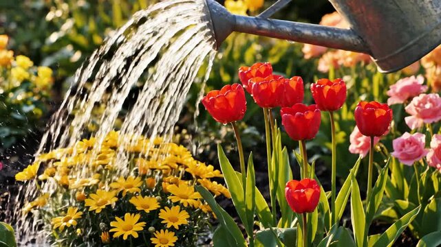 Watering can showering red tulips in a vibrant spring garden.