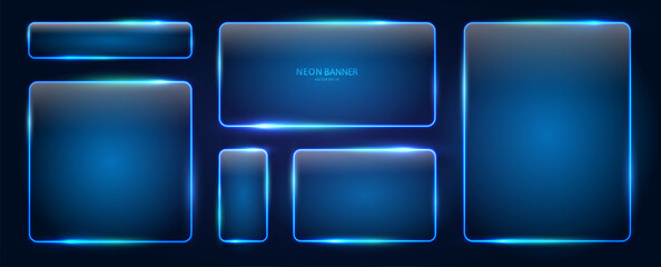 A set of blue rectangular neon frames of different sizes with glowing effects and illumination on a dark background. Neon banners. Elements for futuristic design. Vector EPS 10. © Helga1